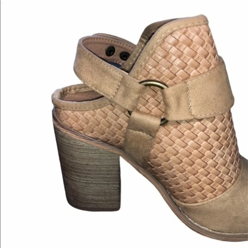 Beige Woven Chunky Heel Slingback Booties 8.5 Almond Toe Mule Ankle Boots Boho